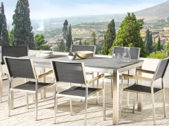 Gartentisch Edelstahl/Naturstein Schwarz Geflammt 180 X 90 Cm Einteilige Tischplatte Grosseto