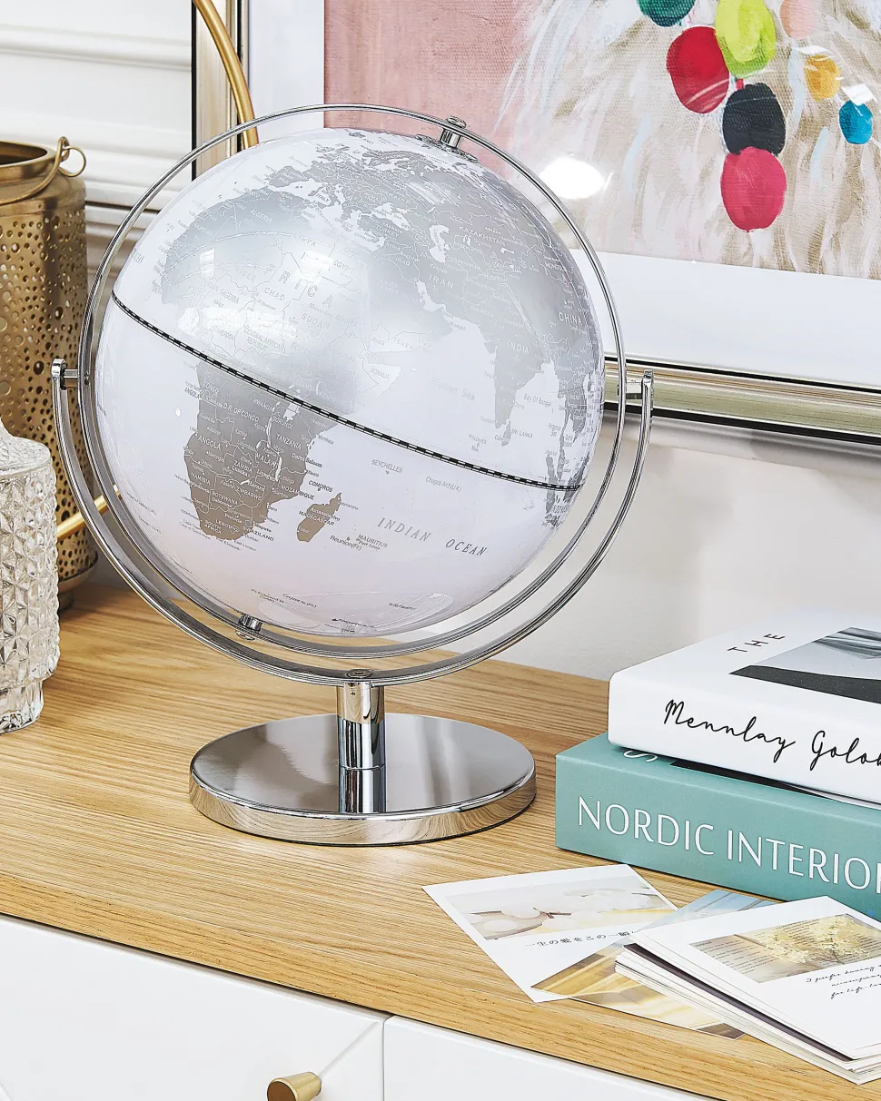 Globus Weis / Silber Stahl-Standfus 33 Cm Drake
