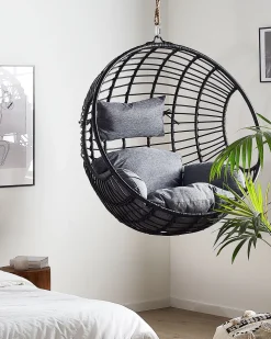 Hangesessel Rattan Schwarz / Grau O 99 Cm Mit Sitzkissen Aspio