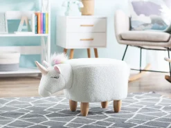 Hocker Felloptik / Gummibaumholz Weis Einhornform Unicorn