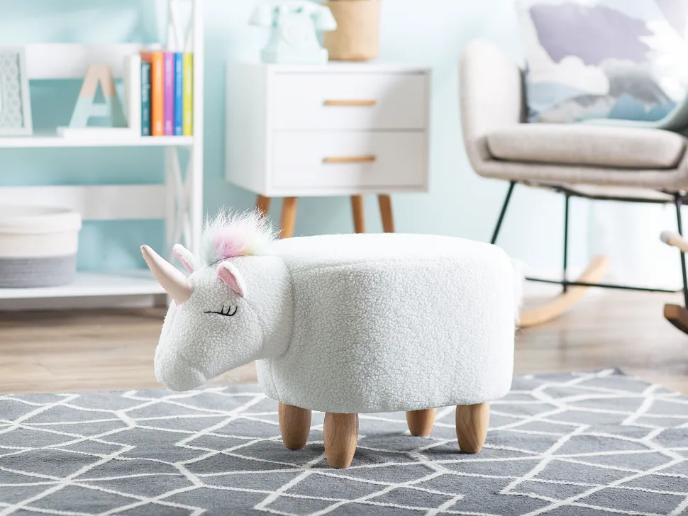 Hocker Felloptik / Gummibaumholz Weis Einhornform Unicorn
