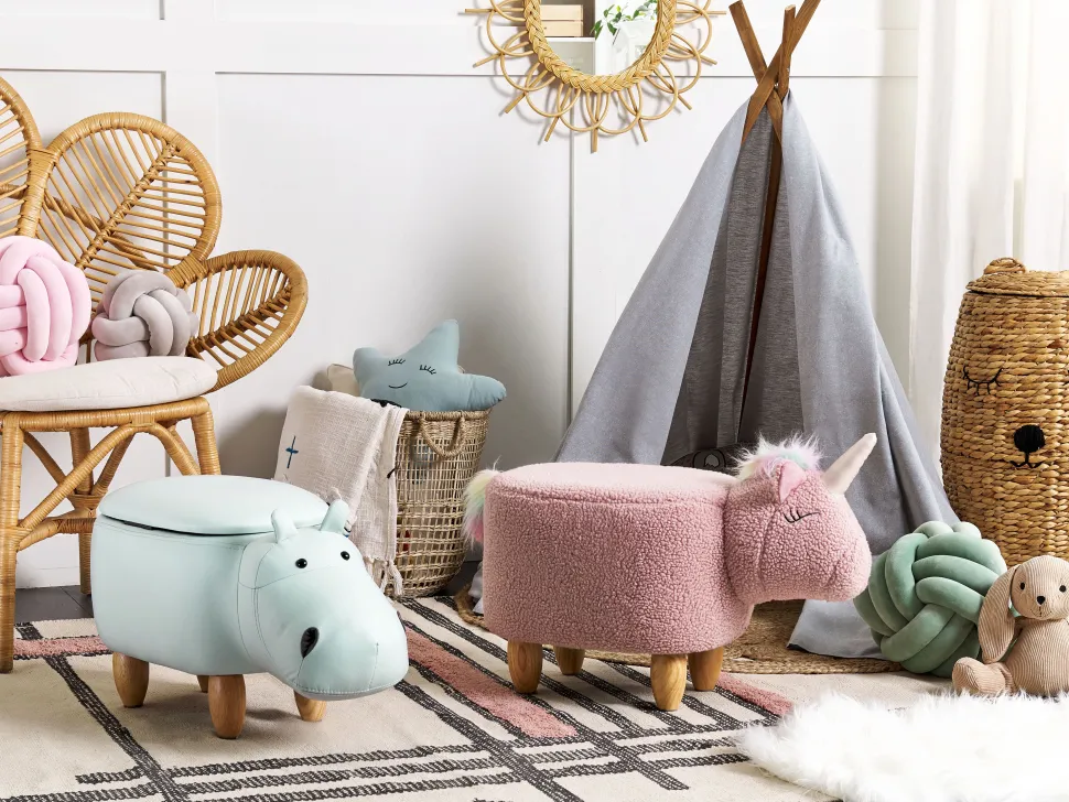Hocker Felloptik / Gummibaumholz Rosa Einhornform Unicorn