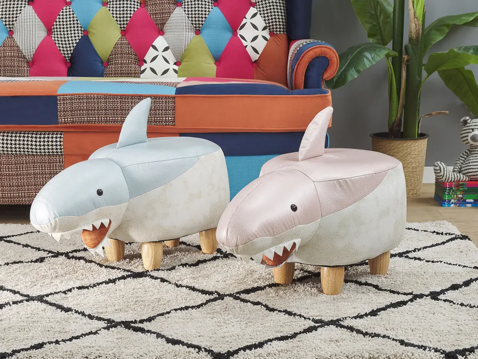 Hocker Kunstleder / Gummibaumholz Rosa-Weis Shark