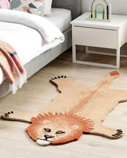 Kinderteppich Wolle Beige 100 X 160 Cm Lowenmotiv Mufasa