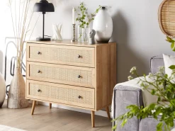 Kommode Rattan Heller Holzfarbton 3 Schubladen Ponca