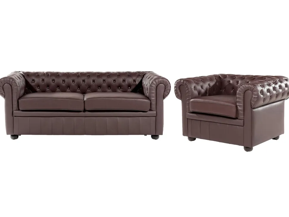 Leather Living Room Set Brown Chesterfield