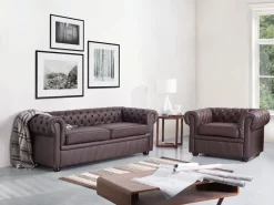 Leather Living Room Set Brown Chesterfield