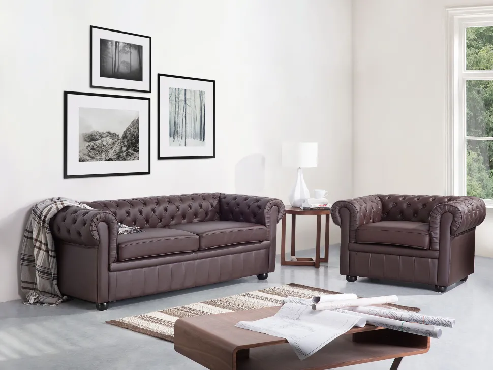 Leather Living Room Set Brown Chesterfield