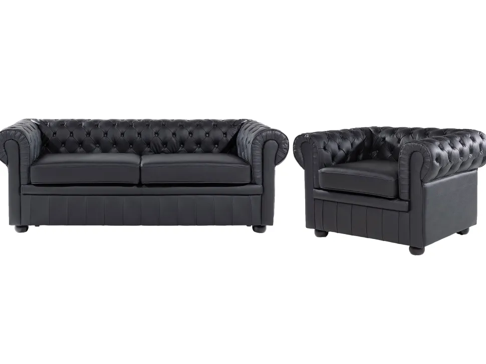 Leather Living Room Set Black Chesterfield