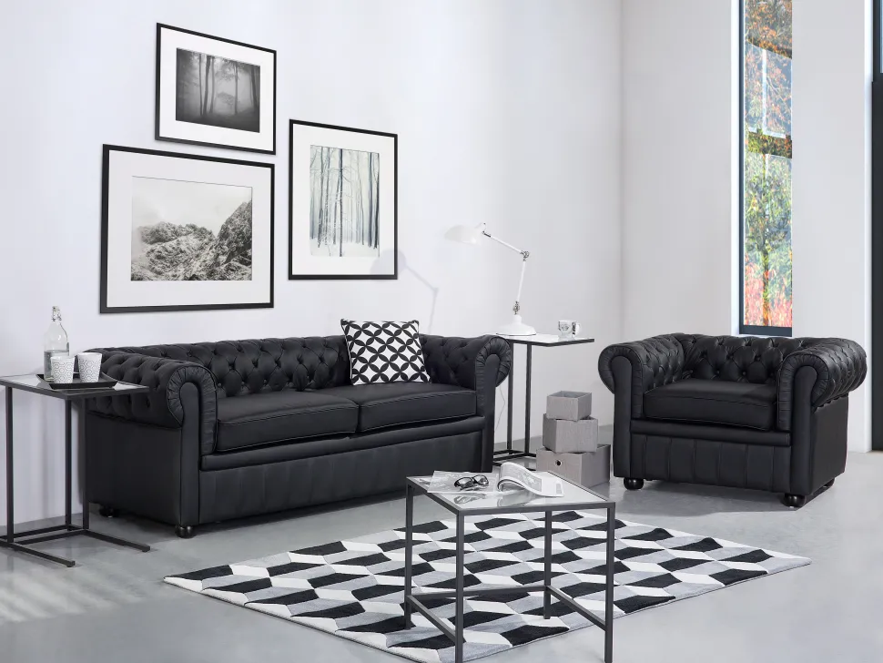 Leather Living Room Set Black Chesterfield