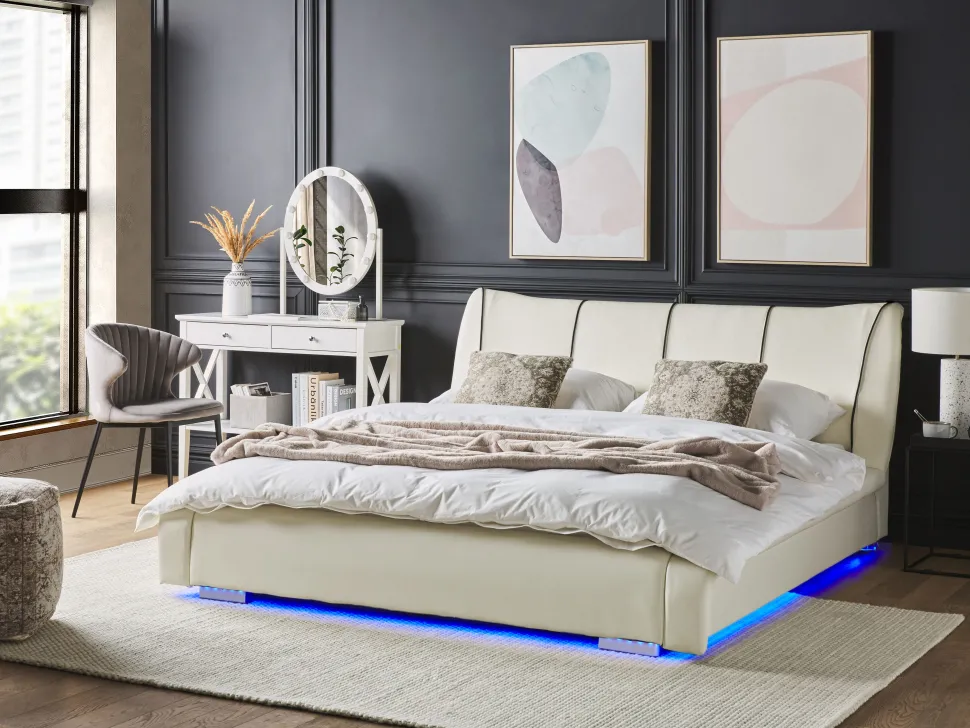 Lederbett Weis Lattenrost 180 X 200 Cm Mit Led-Beleuchtung Bunt Nantes