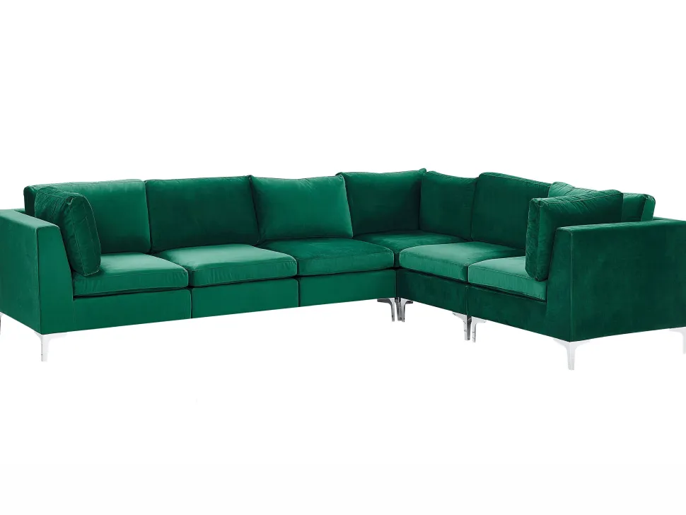 Left Hand 6 Seater Modular Velvet Corner Sofa Green Evja