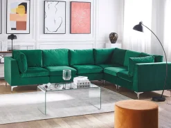 Left Hand 6 Seater Modular Velvet Corner Sofa Green Evja