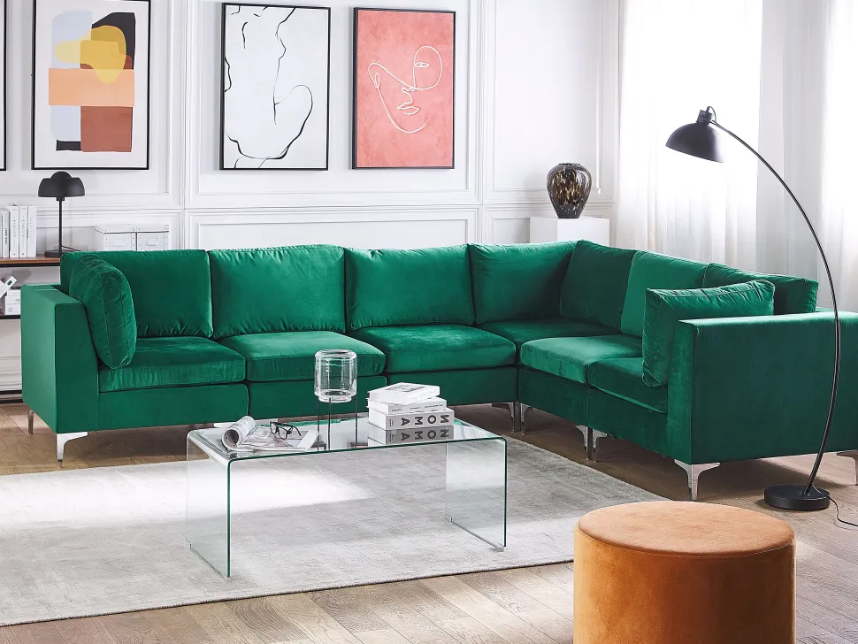 Left Hand 6 Seater Modular Velvet Corner Sofa Green Evja