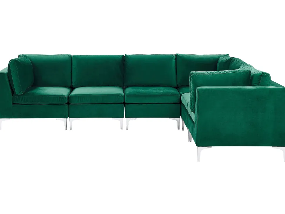 Left Hand 6 Seater Modular Velvet Corner Sofa Green Evja