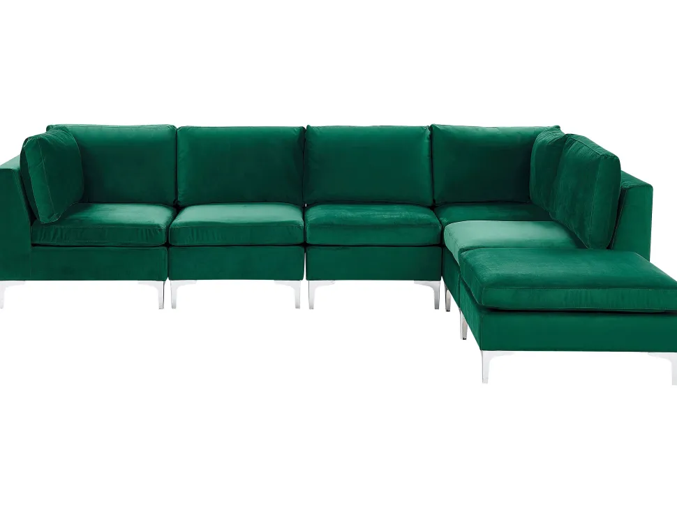 Left Hand 5 Seater Modular Velvet Corner Sofa With Ottoman Green Evja