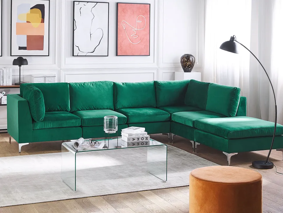 Left Hand 5 Seater Modular Velvet Corner Sofa With Ottoman Green Evja
