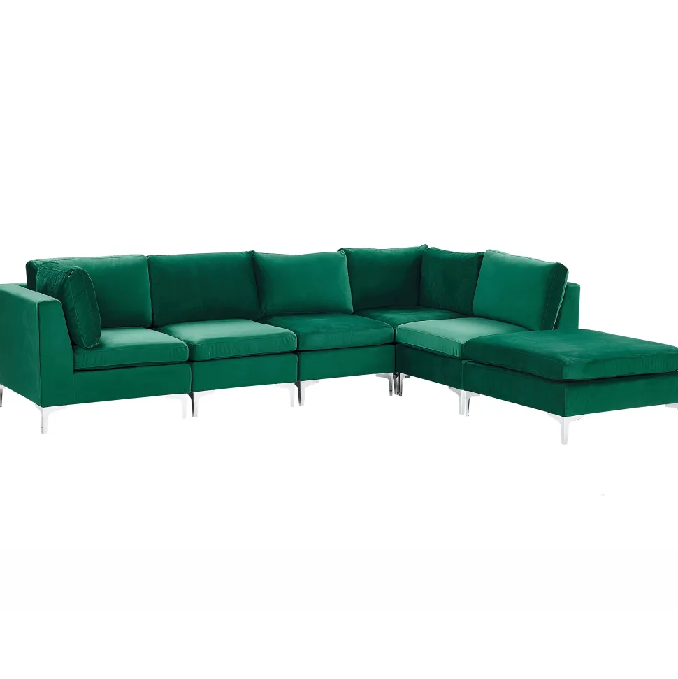 Left Hand 5 Seater Modular Velvet Corner Sofa With Ottoman Green Evja