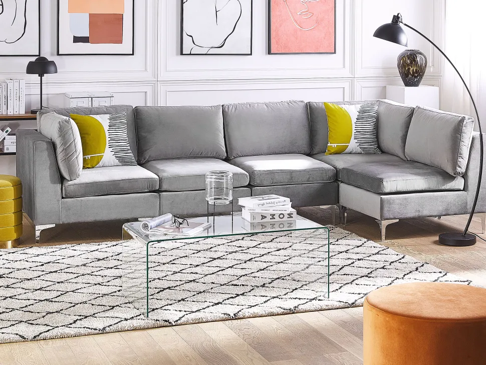 Left Hand 5 Seater Modular Velvet Corner Sofa Grey Evja