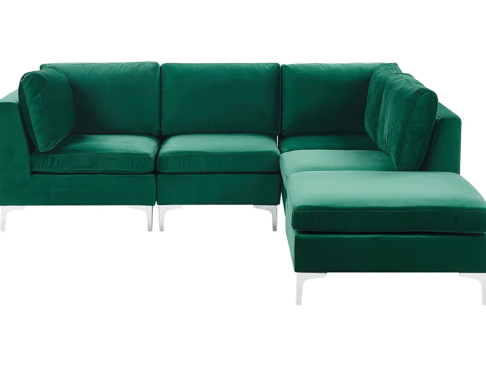 Left Hand 4 Seater Modular Velvet Corner Sofa With Ottoman Green Evja