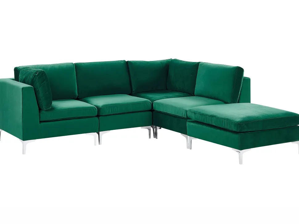 Left Hand 4 Seater Modular Velvet Corner Sofa With Ottoman Green Evja