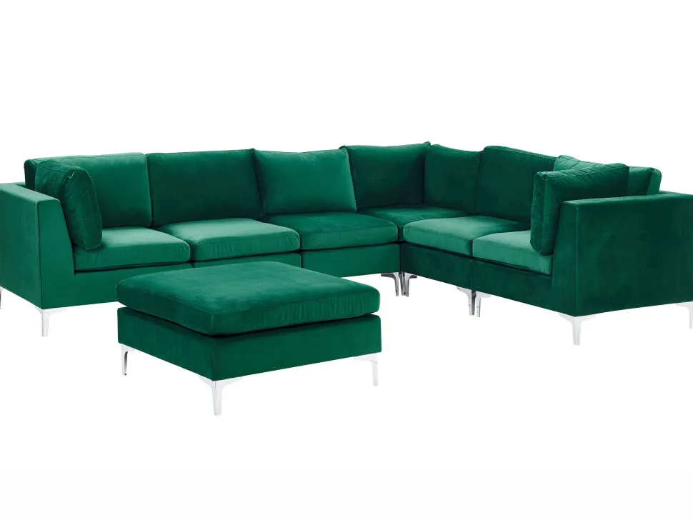 Left Hand 6 Seater Modular Velvet Corner Sofa With Ottoman Green Evja