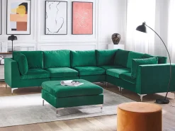 Left Hand 6 Seater Modular Velvet Corner Sofa With Ottoman Green Evja