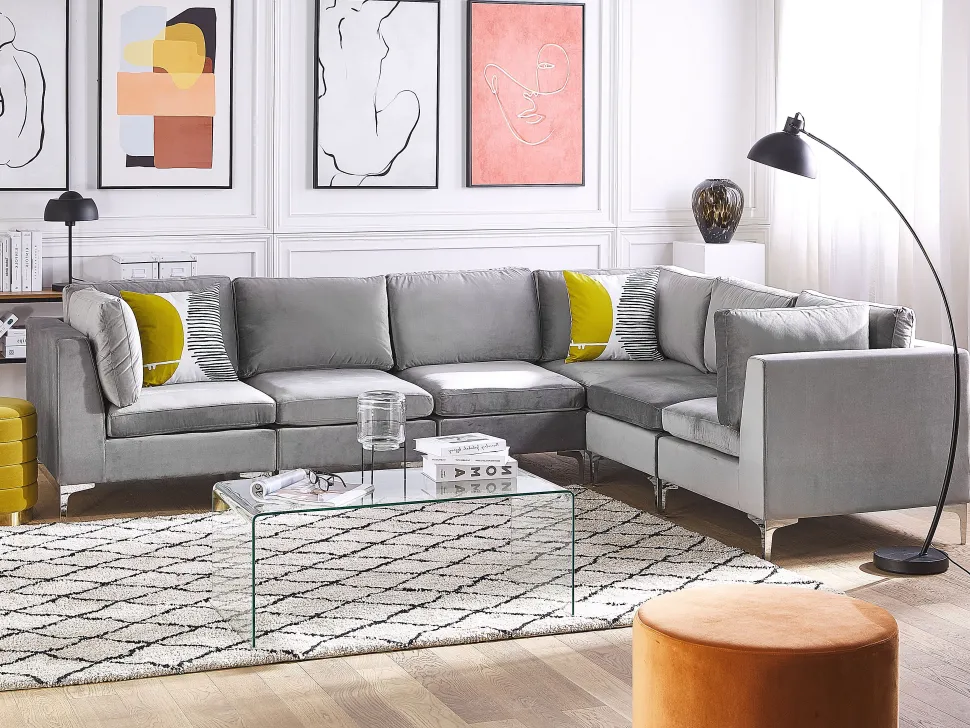 Left Hand 6 Seater Modular Velvet Corner Sofa Grey Evja