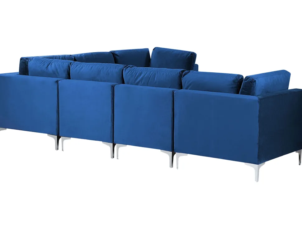 Left Hand 6 Seater Modular Velvet Corner Sofa With Ottoman Blue Evja