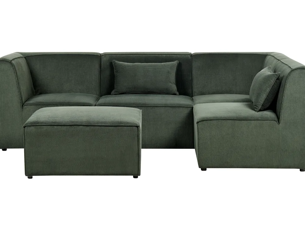 Left Hand 4 Seater Modular Jumbo Cord Corner Sofa With Ottoman Dark Green Lemvig