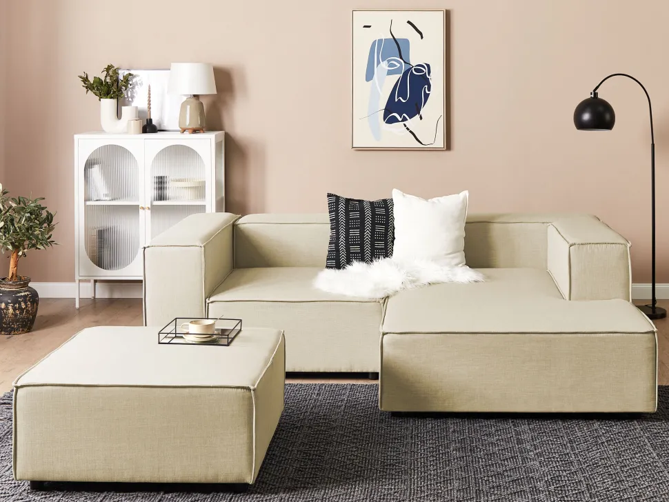 Left Hand 2 Seater Modular Linen Corner Sofa With Ottoman Beige Aprica