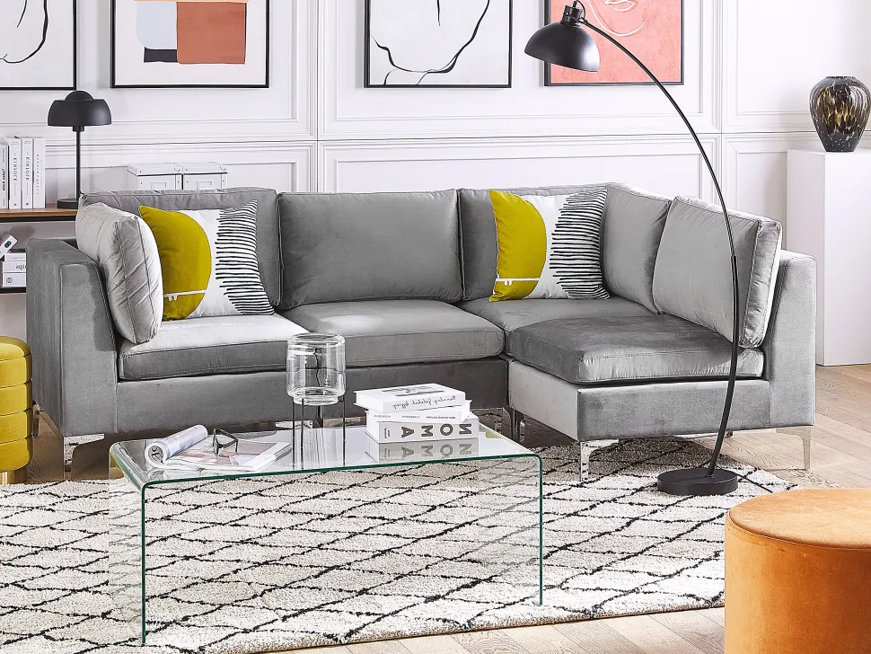 Left Hand 4 Seater Modular Velvet Corner Sofa Grey Evja