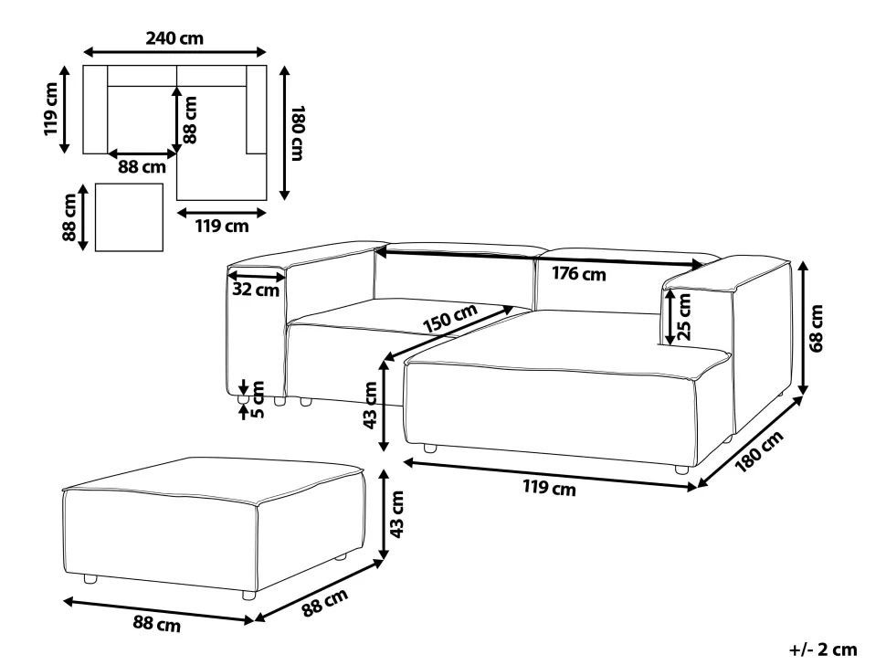 Left Hand 2 Seater Modular Jumbo Cord Corner Sofa With Ottoman Brown Aprica