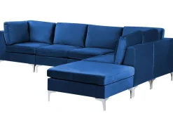 Left Hand 5 Seater Modular Velvet Corner Sofa With Ottoman Blue Evja