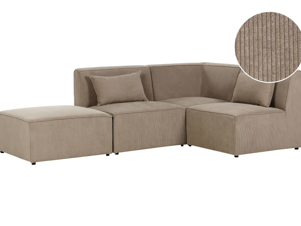 Left Hand 3 Seater Modular Jumbo Cord Corner Sofa With Ottoman Taupe Lemvig