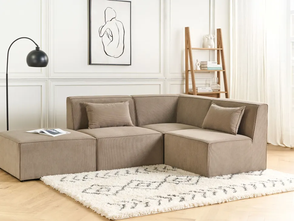 Left Hand 3 Seater Modular Jumbo Cord Corner Sofa With Ottoman Taupe Lemvig