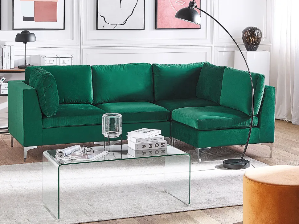 Left Hand 4 Seater Modular Velvet Corner Sofa Green Evja