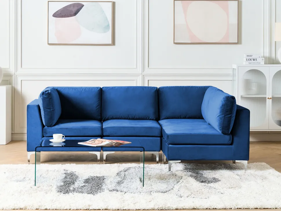 Left Hand 4 Seater Modular Velvet Corner Sofa Blue Evja