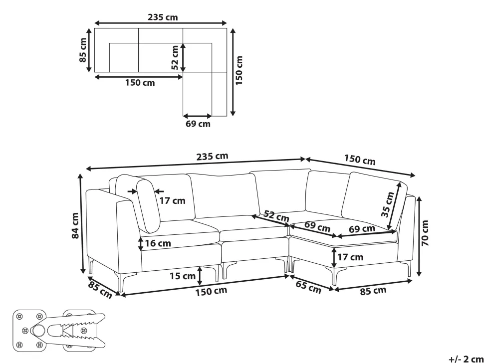 Left Hand 4 Seater Modular Velvet Corner Sofa Blue Evja