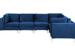 Left Hand 6 Seater Modular Velvet Corner Sofa Blue Evja