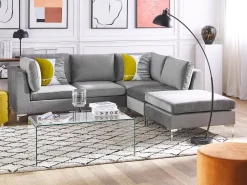 Left Hand 4 Seater Modular Velvet Corner Sofa With Ottoman Grey Evja