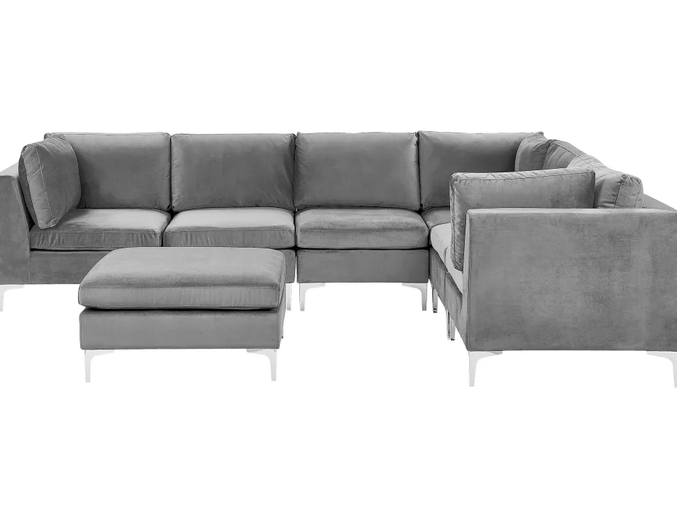 Left Hand 6 Seater Modular Velvet Corner Sofa With Ottoman Grey Evja