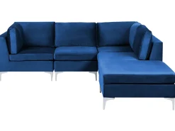 Left Hand 4 Seater Modular Velvet Corner Sofa With Ottoman Blue Evja