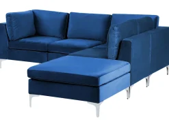 Left Hand 4 Seater Modular Velvet Corner Sofa With Ottoman Blue Evja