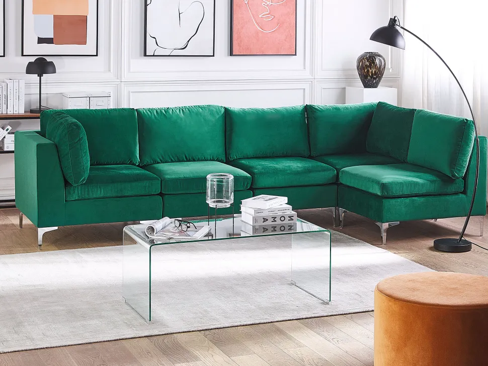 Left Hand 5 Seater Modular Velvet Corner Sofa Green Evja