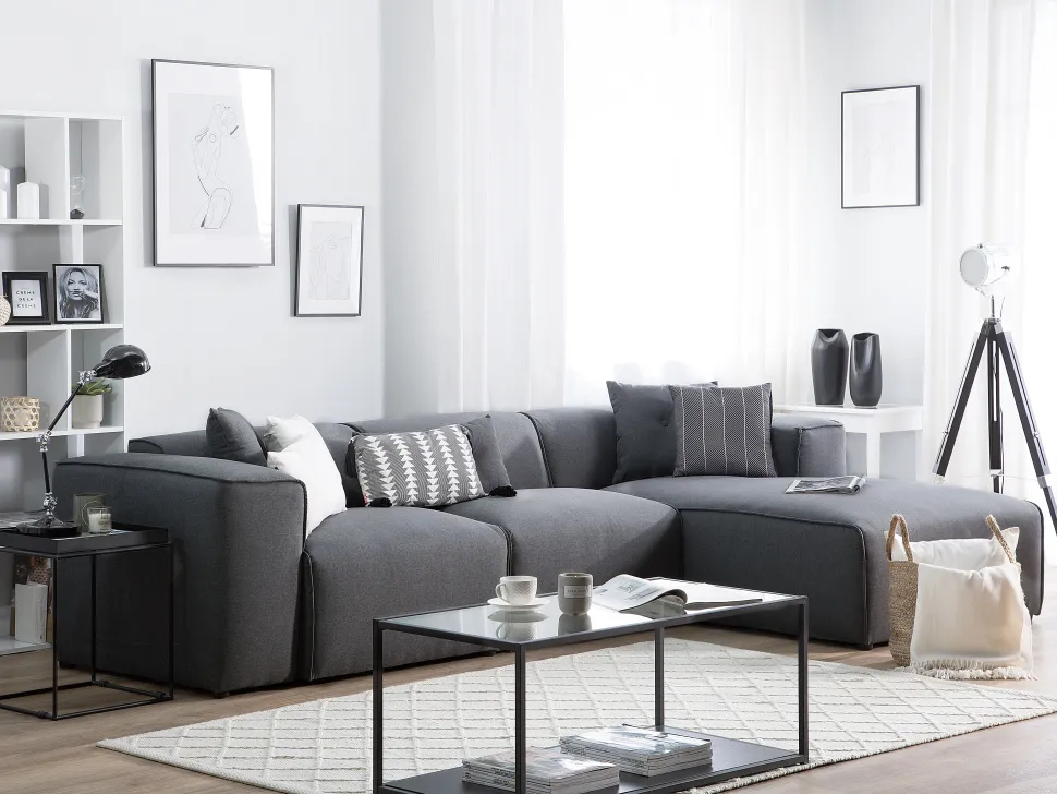 Left Hand Fabric Corner Sofa Dark Grey Dolva