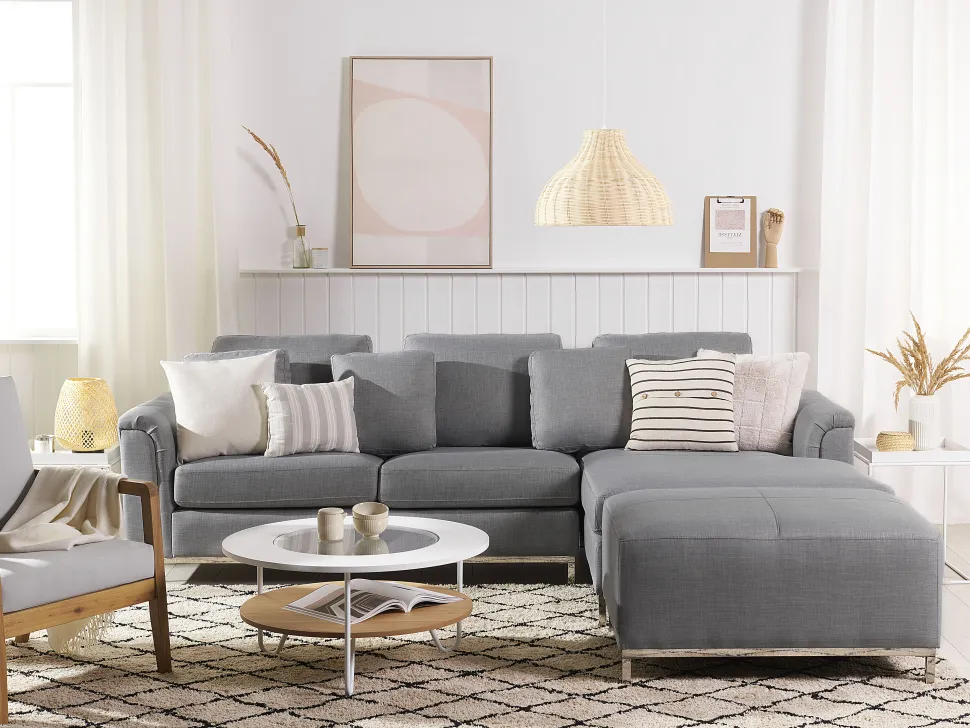 Left Hand Fabric Corner Sofa With Ottoman Light Grey Oslo