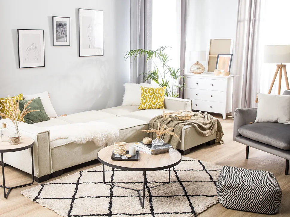 Left Hand Fabric Corner Sofa Bed Beige Romedal