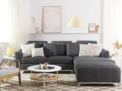 Left Hand Fabric Corner Sofa With Ottoman Grey Oslo