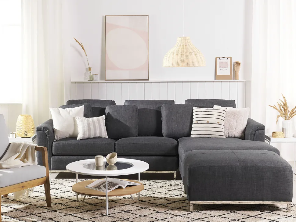 Left Hand Fabric Corner Sofa With Ottoman Grey Oslo